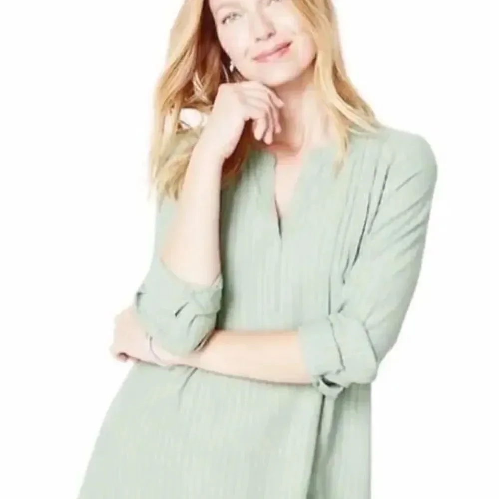 J. Jill Sage Green Pleated Pintuck Popover Long Sleeve Tunic Top Size MP